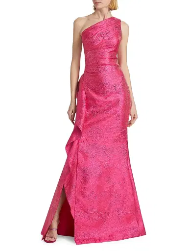 Teri Jon by Rickie Freeman Women's Jacquard One-Shoulder Ruffle Column Gown - Hot Pink - Size 18 | Thumbnail 2 Teri Jon by Rickie Freeman Women's Jacquard One-Shoulder Ruffle Column Gown - Hot Pink - Size 18 | Thumbnail 2