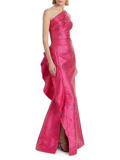 Teri Jon by Rickie Freeman Women's Jacquard One-Shoulder Ruffle Column Gown - Hot Pink - Size 18 | Thumbnail 4 Teri Jon by Rickie Freeman Women's Jacquard One-Shoulder Ruffle Column Gown - Hot Pink - Size 18 | Thumbnail 4