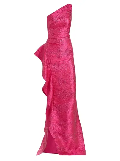 Teri Jon by Rickie Freeman Women's Jacquard One-Shoulder Ruffle Column Gown - Hot Pink - Size 18 | Thumbnail 1 Teri Jon by Rickie Freeman Women's Jacquard One-Shoulder Ruffle Column Gown - Hot Pink - Size 18 | Thumbnail 1