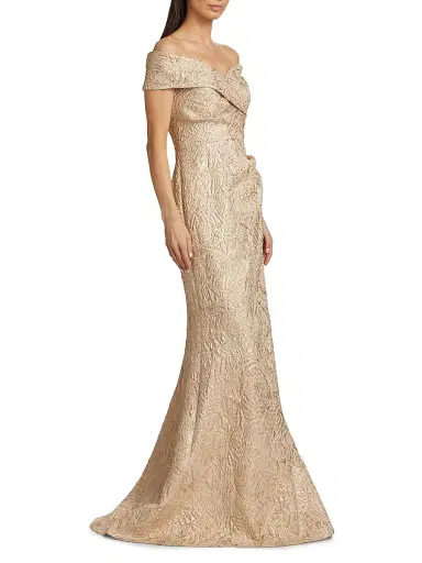 Teri Jon by Rickie Freeman Women's Metallic Jacquard Off-The-Shoulder Gown - Gold - Size 6 | Thumbnail 2