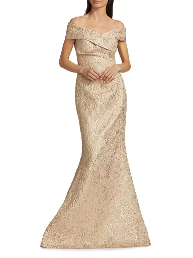 Teri Jon by Rickie Freeman Women's Metallic Jacquard Off-The-Shoulder Gown - Gold - Size 6 | Thumbnail 3