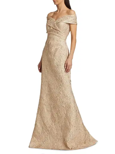 Teri Jon by Rickie Freeman Women's Metallic Jacquard Off-The-Shoulder Gown - Gold - Size 6 | Thumbnail 4