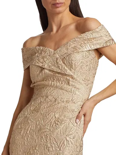 Teri Jon by Rickie Freeman Women's Metallic Jacquard Off-The-Shoulder Gown - Gold - Size 6 | Thumbnail 6