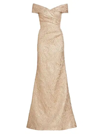 Teri Jon by Rickie Freeman Women's Metallic Jacquard Off-The-Shoulder Gown - Gold - Size 6 | Thumbnail 1