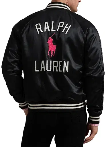 Polo Ralph Lauren Men's Unisex Pink Pony Takihyo Satin Baseball Jacket - Polo Black - Size XXL | Thumbnail 3
