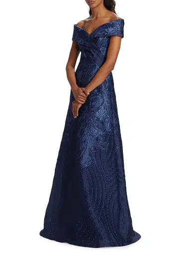 Teri Jon by Rickie Freeman Women's Metallic Floral Off-The-Shoulder Gown - Navy - Size 4 | Thumbnail 2