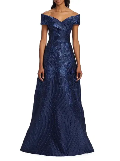Teri Jon by Rickie Freeman Women's Metallic Floral Off-The-Shoulder Gown - Navy - Size 4 | Thumbnail 3