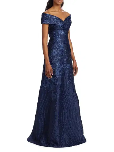 Teri Jon by Rickie Freeman Women's Metallic Floral Off-The-Shoulder Gown - Navy - Size 4 | Thumbnail 4