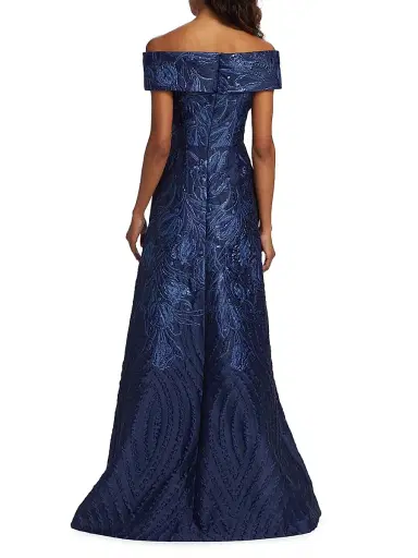 Teri Jon by Rickie Freeman Women's Metallic Floral Off-The-Shoulder Gown - Navy - Size 4 | Thumbnail 5