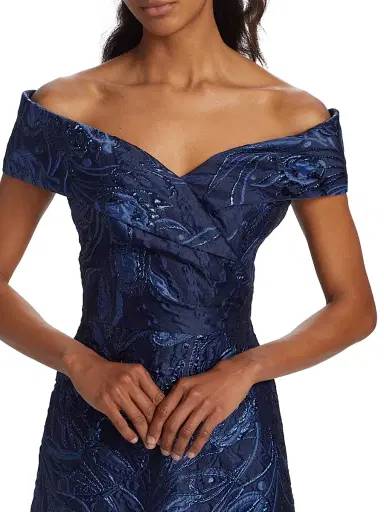 Teri Jon by Rickie Freeman Women's Metallic Floral Off-The-Shoulder Gown - Navy - Size 4 | Thumbnail 6