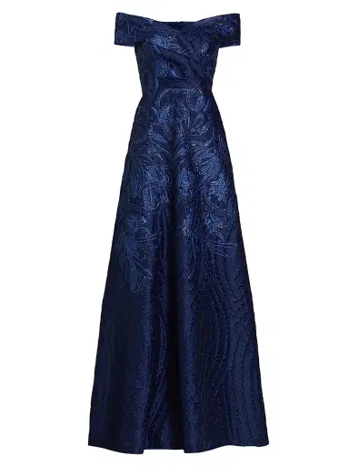 Teri Jon by Rickie Freeman Women's Metallic Floral Off-The-Shoulder Gown - Navy - Size 4 | Thumbnail 1