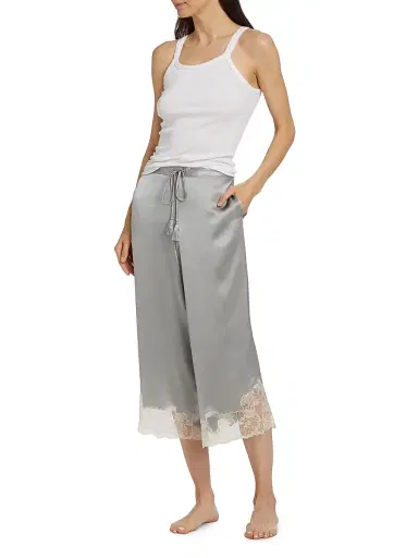 Josie Natori Women's Lolita Silk Lace-Trimmed Pants - Silver Ecru | Thumbnail 2