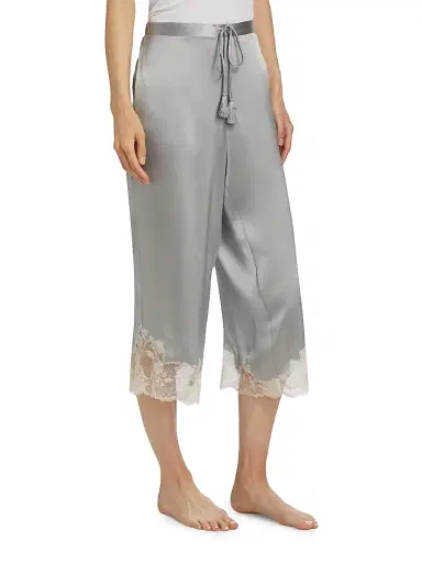 Josie Natori Women's Lolita Silk Lace-Trimmed Pants - Silver Ecru | Thumbnail 4