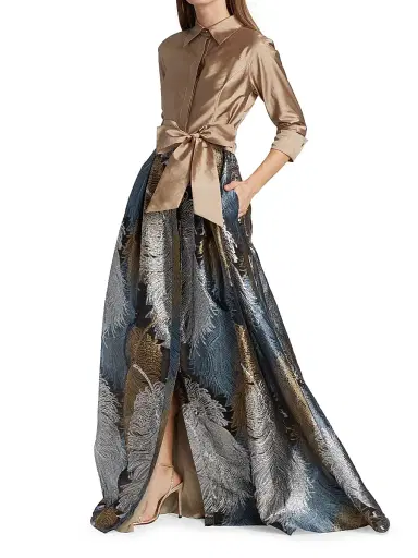 Teri Jon by Rickie Freeman Women's Two-Tone Feather Jacquard Shirt Gown - Gold Multi - Size 18 | Thumbnail 2