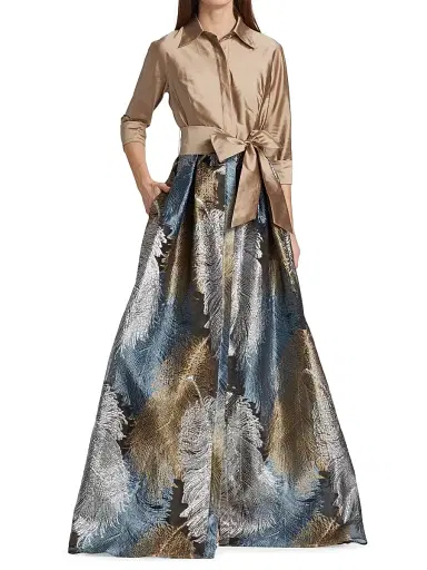 Teri Jon by Rickie Freeman Women's Two-Tone Feather Jacquard Shirt Gown - Gold Multi - Size 18 | Thumbnail 3