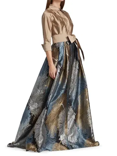 Teri Jon by Rickie Freeman Women's Two-Tone Feather Jacquard Shirt Gown - Gold Multi - Size 18 | Thumbnail 4