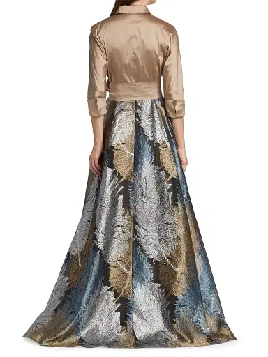 Teri Jon by Rickie Freeman Women's Two-Tone Feather Jacquard Shirt Gown - Gold Multi - Size 18 | Thumbnail 5