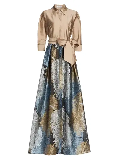 Teri Jon by Rickie Freeman Women's Two-Tone Feather Jacquard Shirt Gown - Gold Multi - Size 18 | Thumbnail 1