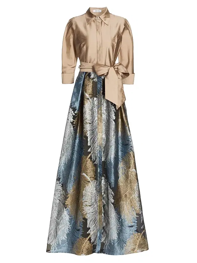 Teri Jon by Rickie Freeman Women's Two-Tone Feather Jacquard Shirt Gown - Gold Multi