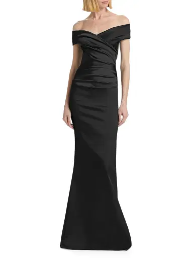 Teri Jon by Rickie Freeman Women's Off-The-Shoulder Ruched Satin Gown - Black - Size 14 | Thumbnail 3 Teri Jon by Rickie Freeman Women's Off-The-Shoulder Ruched Satin Gown - Black - Size 14 | Thumbnail 3
