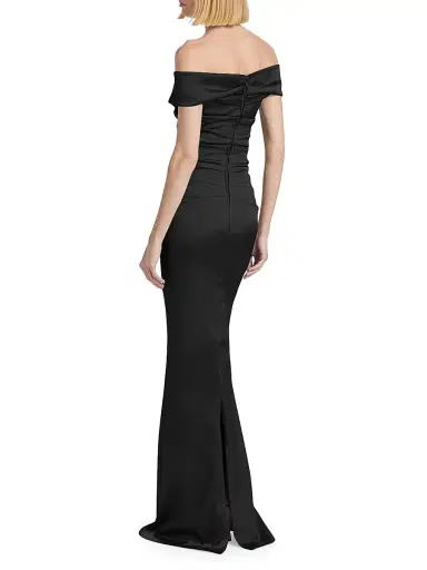 Teri Jon by Rickie Freeman Women's Off-The-Shoulder Ruched Satin Gown - Black - Size 14 | Thumbnail 5 Teri Jon by Rickie Freeman Women's Off-The-Shoulder Ruched Satin Gown - Black - Size 14 | Thumbnail 5