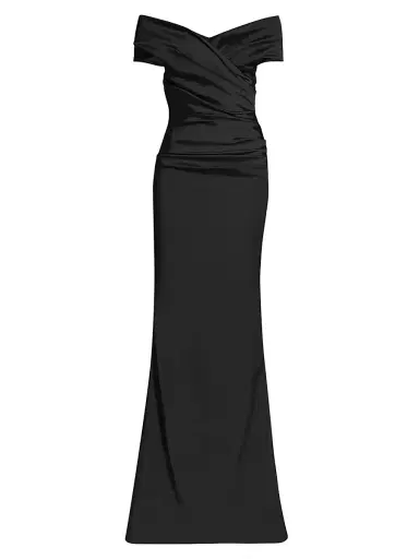 Teri Jon by Rickie Freeman Women's Off-The-Shoulder Ruched Satin Gown - Black - Size 14 | Thumbnail 1 Teri Jon by Rickie Freeman Women's Off-The-Shoulder Ruched Satin Gown - Black - Size 14 | Thumbnail 1