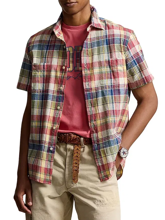 Polo Ralph Lauren Men's Madras Plaid Cotton Shirt - Red Indigo Multi