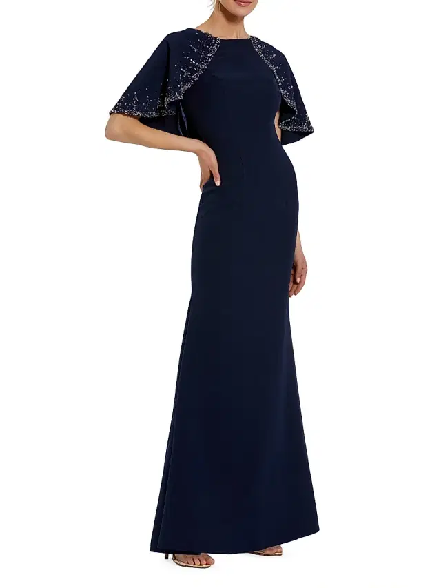 Women's Crêpe Beaded Shawl Column Gown - Midnight