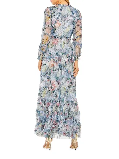 Mac Duggal Women's Floral Chiffon Tiered Maxi Dress - Platinum Multi | Thumbnail 2