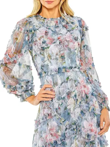 Mac Duggal Women's Floral Chiffon Tiered Maxi Dress - Platinum Multi | Thumbnail 3