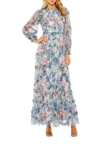 Mac Duggal Women's Floral Chiffon Tiered Maxi Dress - Platinum Multi | Thumbnail 1