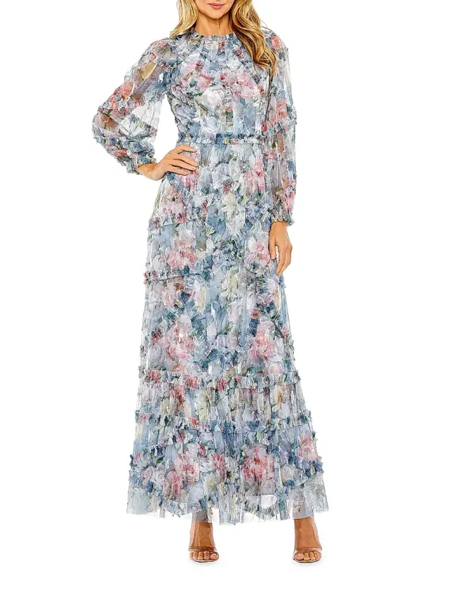 Mac Duggal Women's Floral Chiffon Tiered Maxi Dress - Platinum Multi