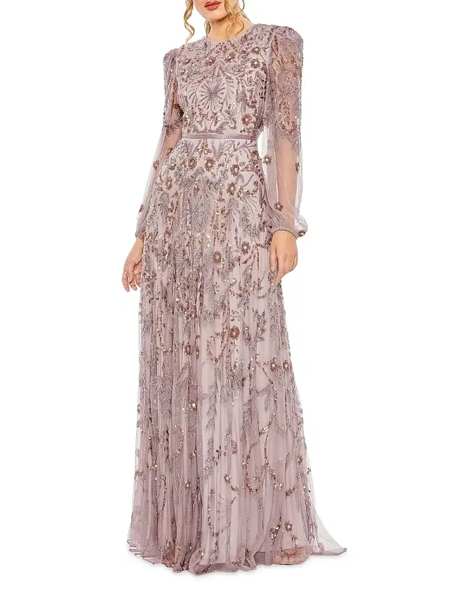 Mac Duggal Women's Beaded & Sequined Puff-Sleeve Gown - Heather
