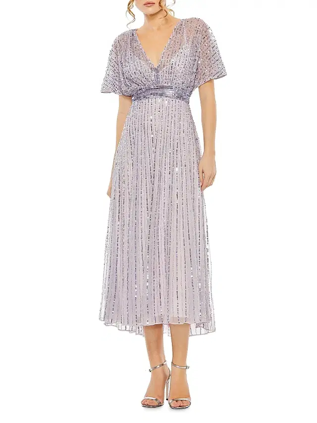 Mac Duggal Women's Sequined Short-Sleeve Midi-Dress - Lavender