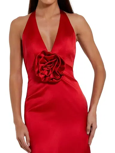 Mac Duggal Women's Satin Rosette V-Neck Slip Gown - Red - Size 14 | Thumbnail 3