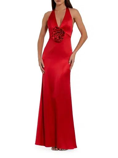 Mac Duggal Women's Satin Rosette V-Neck Slip Gown - Red - Size 14 | Thumbnail 1