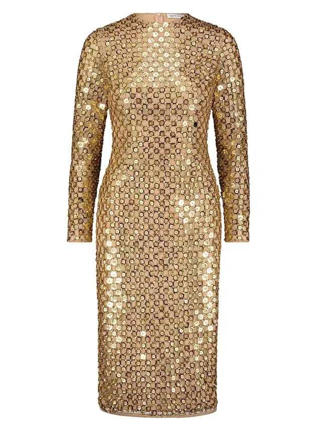Women's Embellished Mesh Sheath Midi-Dress - Antique Gold