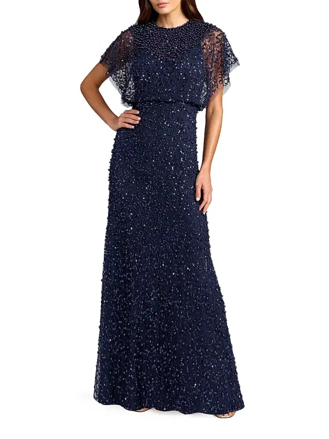 Mac Duggal Women's Beaded Sequin Shawl Gown - Midnight