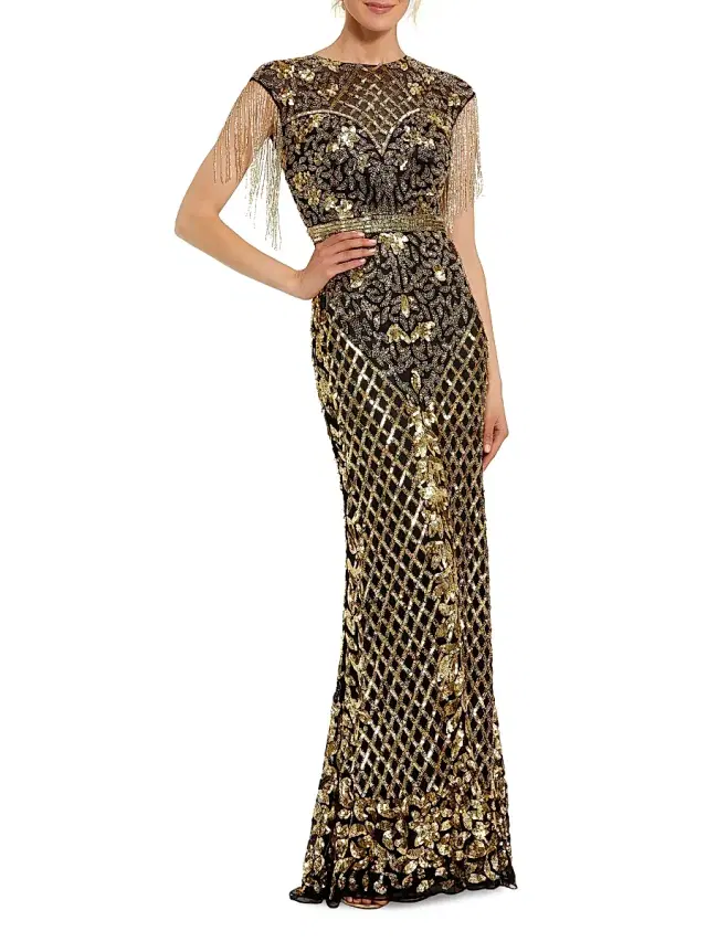 Women's Beaded Fringe Gown - Black Gold