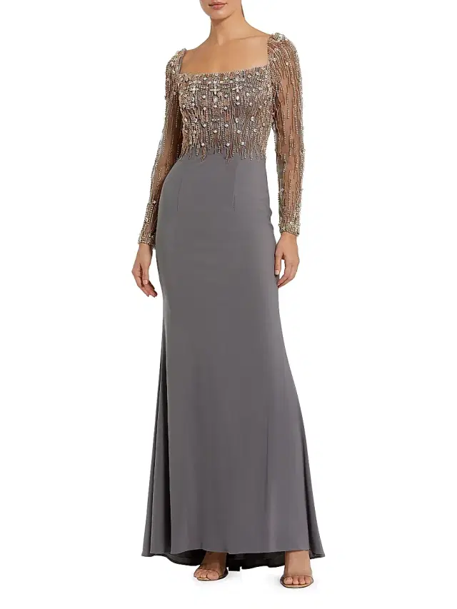 Women's Beaded Square Neck Column Gown - Platinum Gold