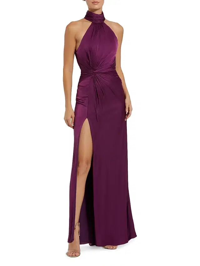 Women's Halterneck Open-Back Satin Gown - Plum