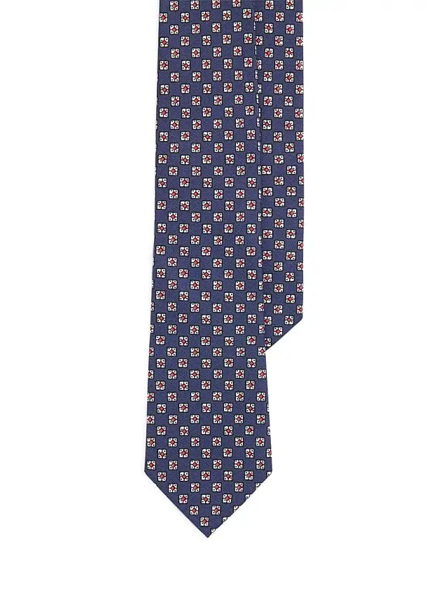 Men's Hand-Block Printed Silk Tie - Navy