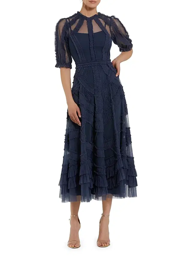 Mac Duggal Women's High-Neck Gathered Tulle Midi-Dress - Midnight