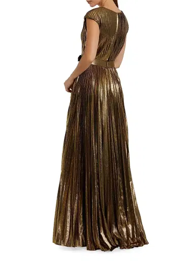 Mac Duggal Women's Metallic Pleated Belted A-Line Gown - Bronze | Thumbnail 2