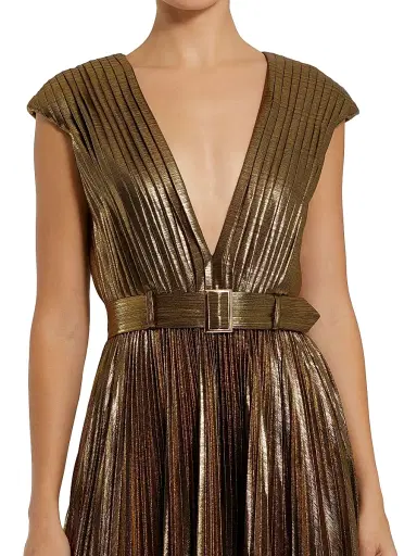 Mac Duggal Women's Metallic Pleated Belted A-Line Gown - Bronze | Thumbnail 3