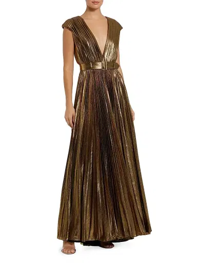 Mac Duggal Women's Metallic Pleated Belted A-Line Gown - Bronze | Thumbnail 1