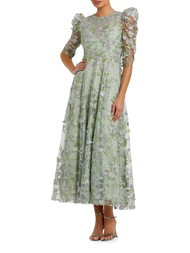 Mac Duggal Women's Floral Appliqué Puff-Sleeve Maxi Dress - Sage