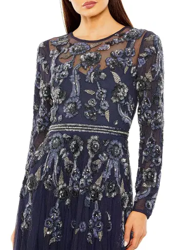 Mac Duggal Women's Floral Beaded Mesh Gown - Midnight Multi | Thumbnail 3 Mac Duggal Women's Floral Beaded Mesh Gown - Midnight Multi | Thumbnail 3
