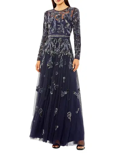 Mac Duggal Women's Floral Beaded Mesh Gown - Midnight Multi | Thumbnail 1 Mac Duggal Women's Floral Beaded Mesh Gown - Midnight Multi | Thumbnail 1