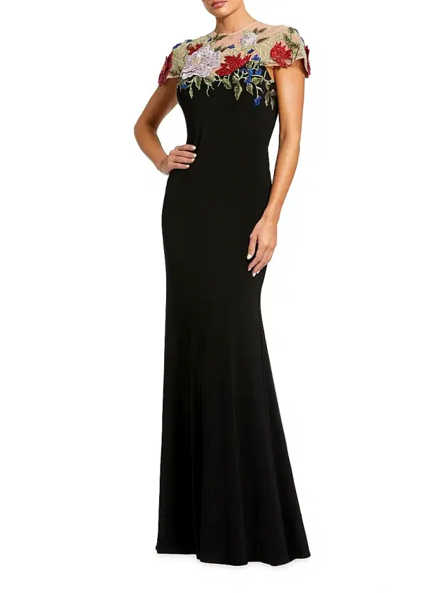 Women's Floral-Embroidered Jersey Gown - Black Multi